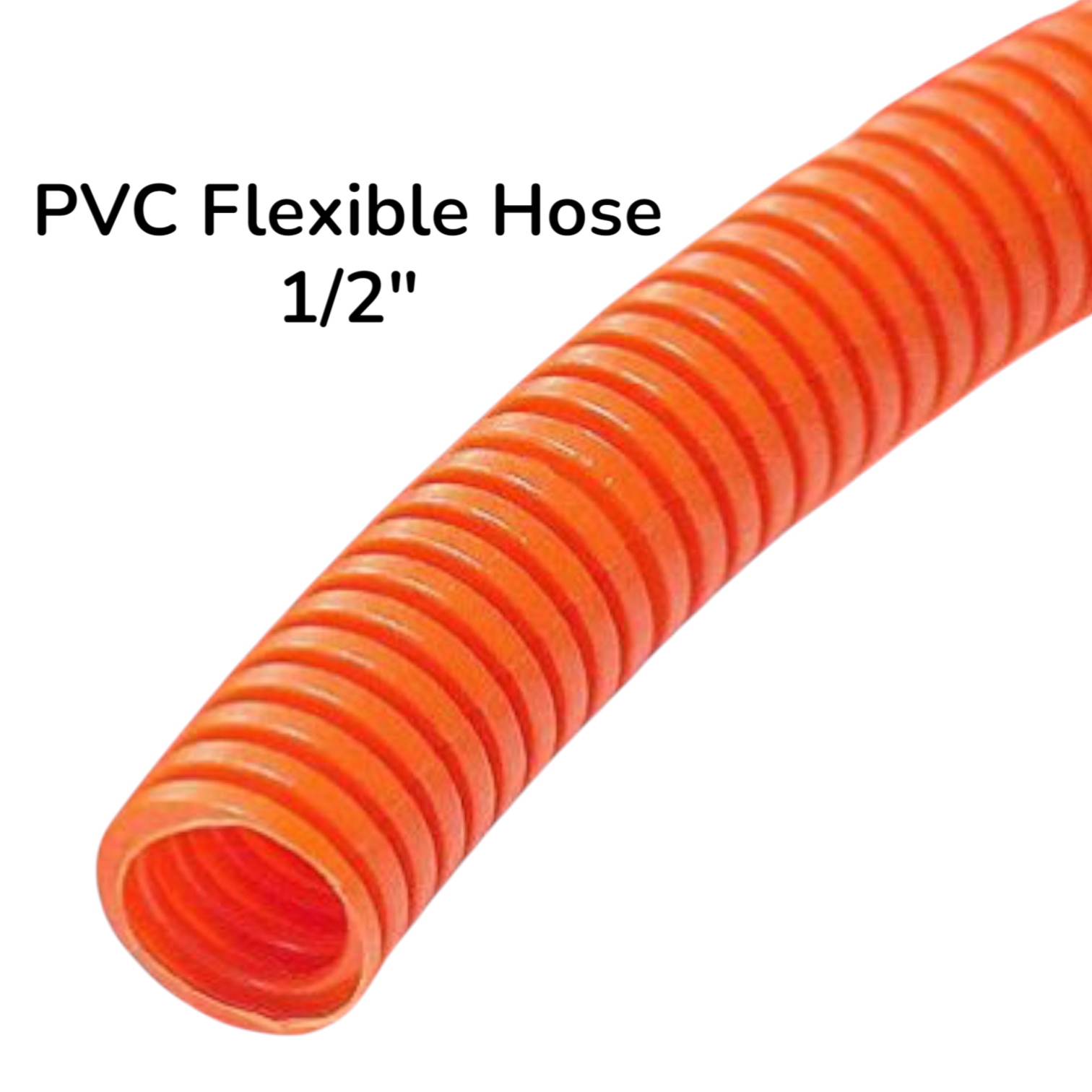 An orange corrugated PVC flexible hose, 1/2 inch diameter, shown on a white background with text overlay reading 'PVC Flexible Hose 1/2"'.