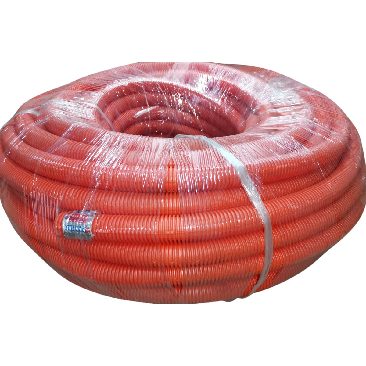 Coiled orange hose with clear plastic wrap on a white background