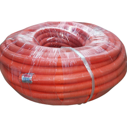 Coiled orange hose with clear plastic wrap on a white background