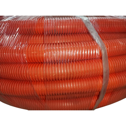 Bunch of orange pipes wrapped with clear plastic on a white background