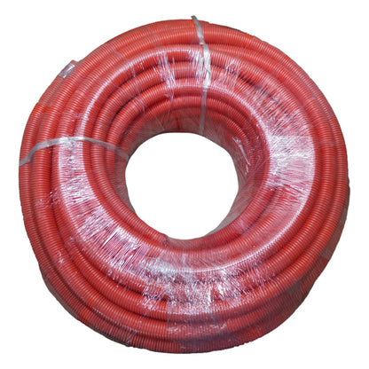 Coiled red hose on a white background