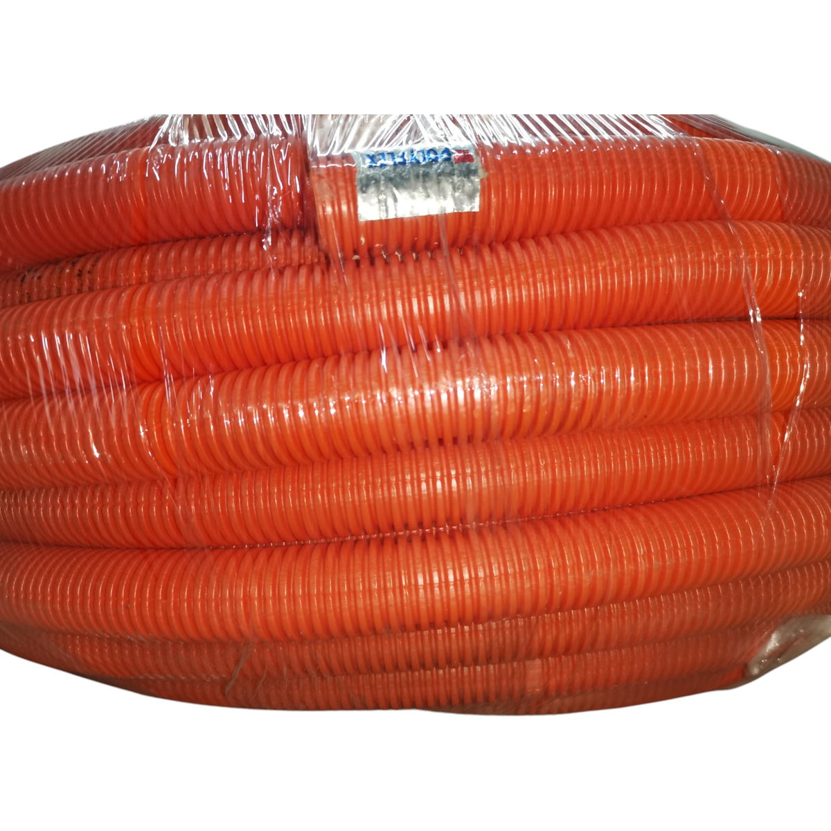 Coiled orange hose with clear plastic wrap on a white background