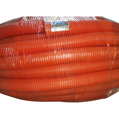 Coiled orange hose with clear plastic wrap on a white background