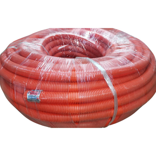 Coiled orange hose with clear plastic wrap on a white background