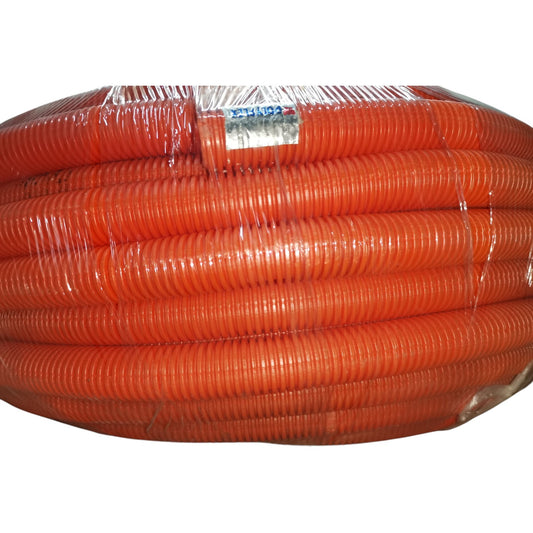 Orange flexible hose coiled up on a white background