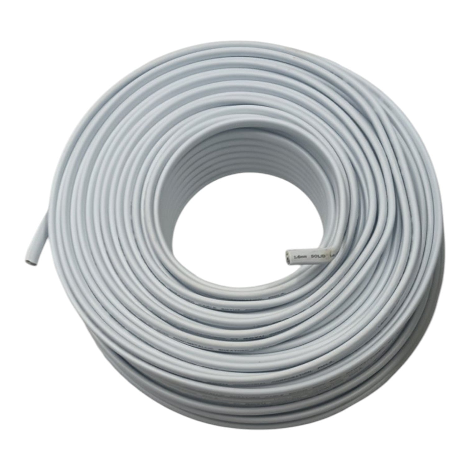 A coiled roll of light gray electrical cable or wire on a plain white background.