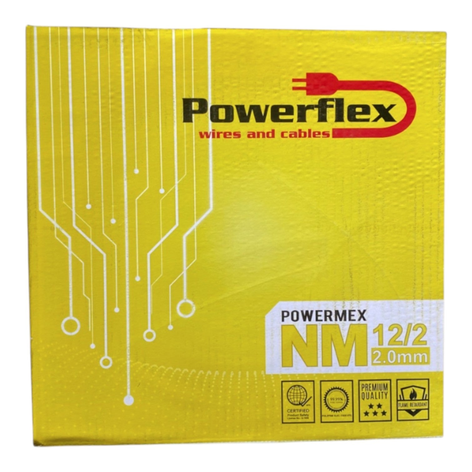 Yellow Powerflex NM 12/2 (2.0mm) wire and cable packaging box with white circuit board graphics and red brand logo.
