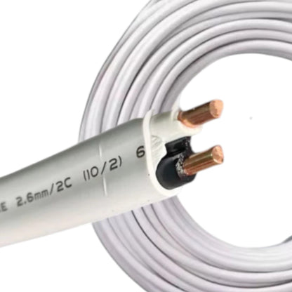 A close-up of a coiled white cable with two exposed copper-colored conductors and printed text reading '2.6mm/2C (10/2)'.
