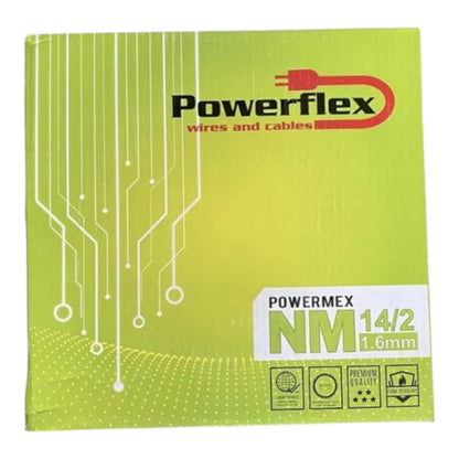 Powerflex wires and cables POWERMEX NM 14/2 1.6mm electrical cable packaging box in lime green with white and red branding.