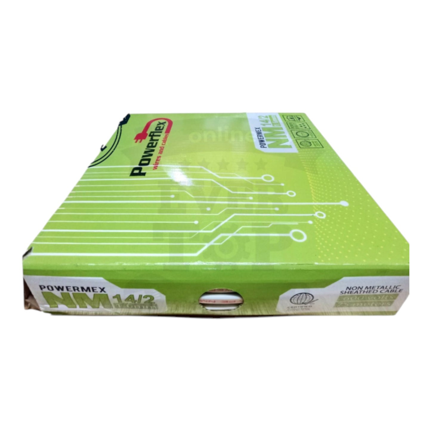 A green PowerMEX NM14-2 non-metallic shear tab cable box, shown at a three-quarter angle on a plain white background.