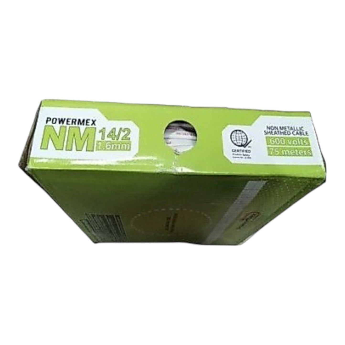A green box of POWERMEX NM 14/2 (3mm) non-metallic sheathed cable, 1500 volts, 75 meters, shown on a plain white background.