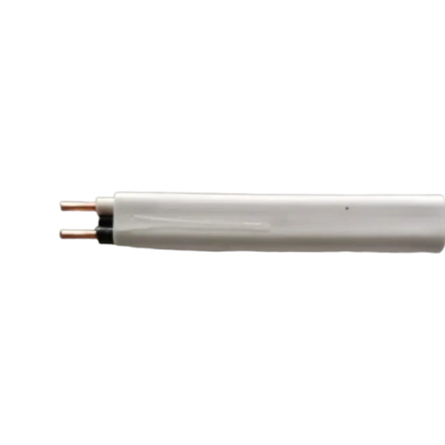 A white cylindrical cable or conduit section with two exposed copper-toned metal terminals on one end, shown against a plain white background.