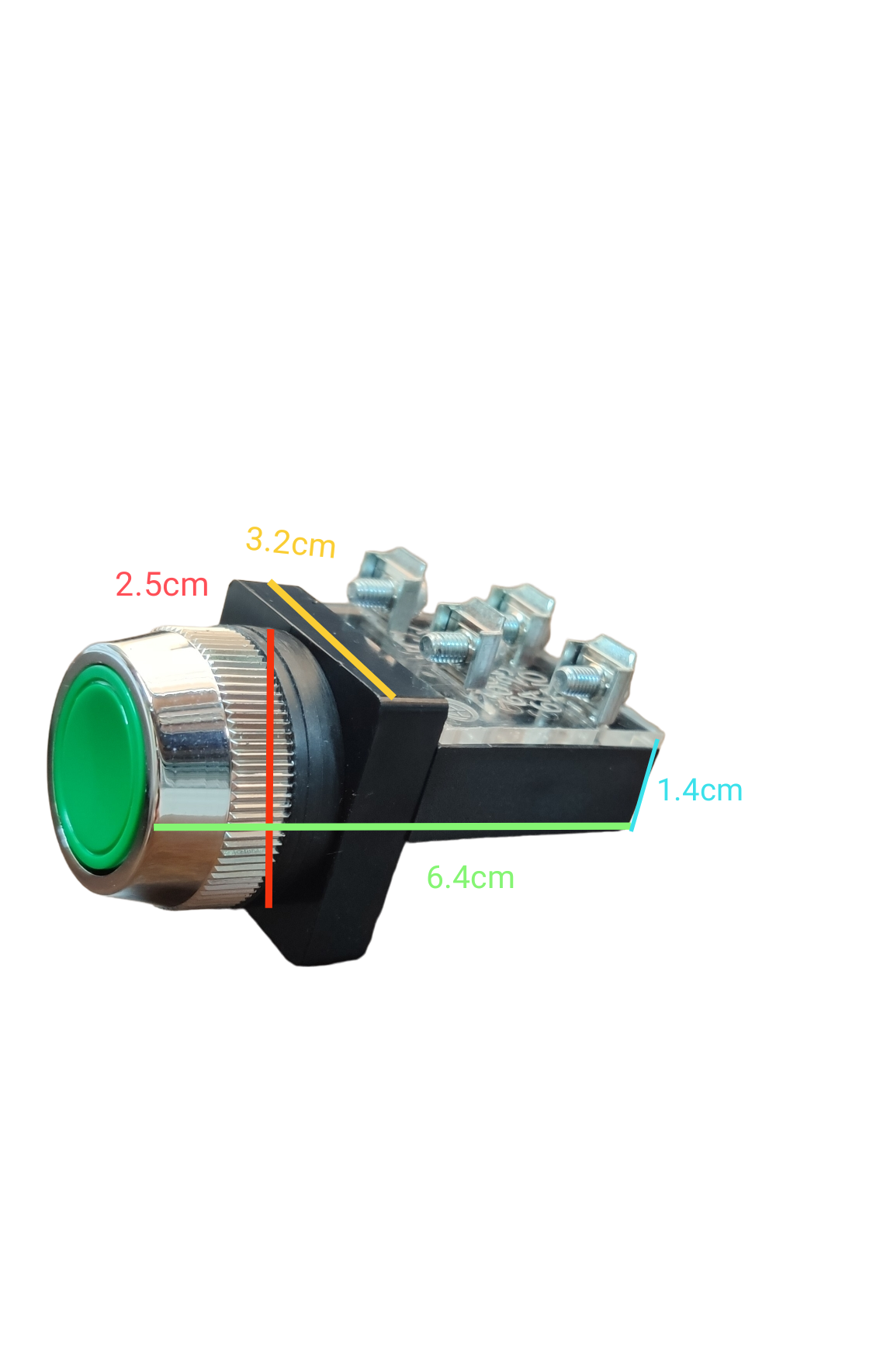 Grippes Push Button Switch Green 30mm 3A metal bezel black housing with three screw terminals