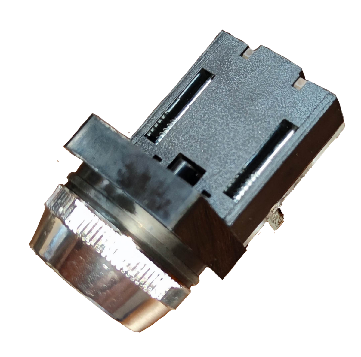 Grippes red push button switch 30mm shown without cap with silver metal bezel and black plastic housing