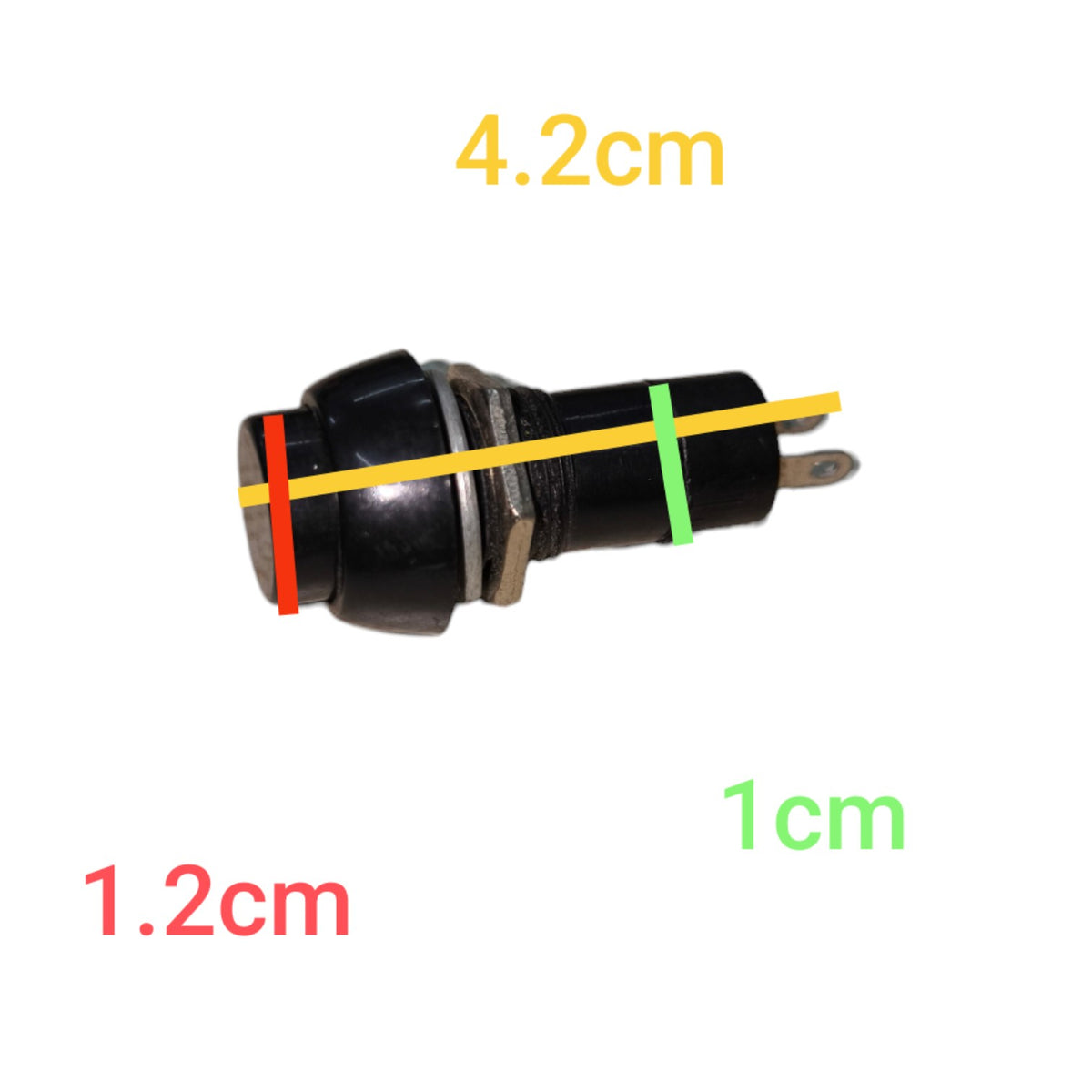 A small black cylindrical electrical component with two metal pins, shown on a white background with colored measurement lines and text indicating dimensions: 4.2cm, 1.