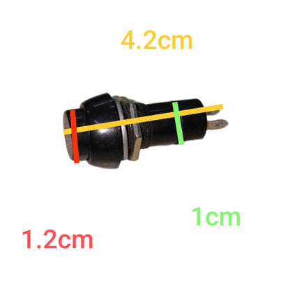 A small black cylindrical electrical component with two metal pins, shown on a white background with colored measurement lines and text indicating dimensions: 4.2cm, 1.