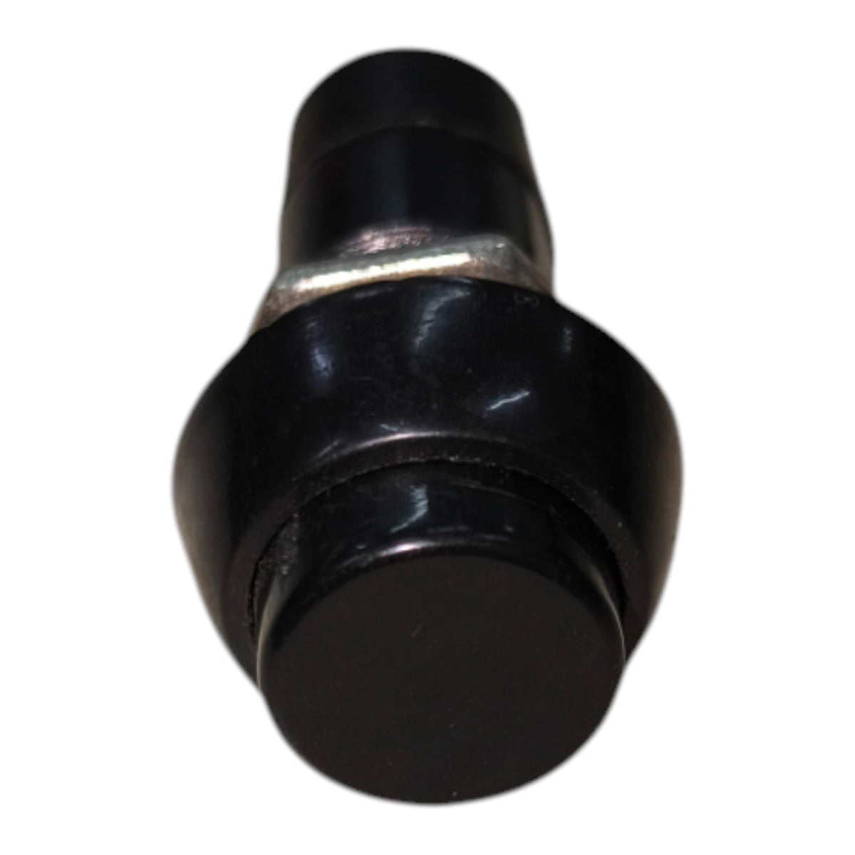 A black plastic toggle switch or button with a hexagonal base and a silver metal collar, shown on a plain white background.
