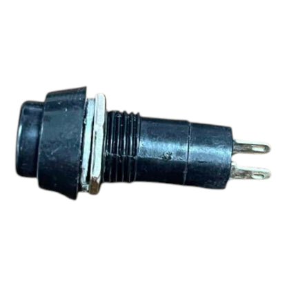A small black plastic push-button switch with two metal pins and a silver-colored threaded collar, isolated on a white background.