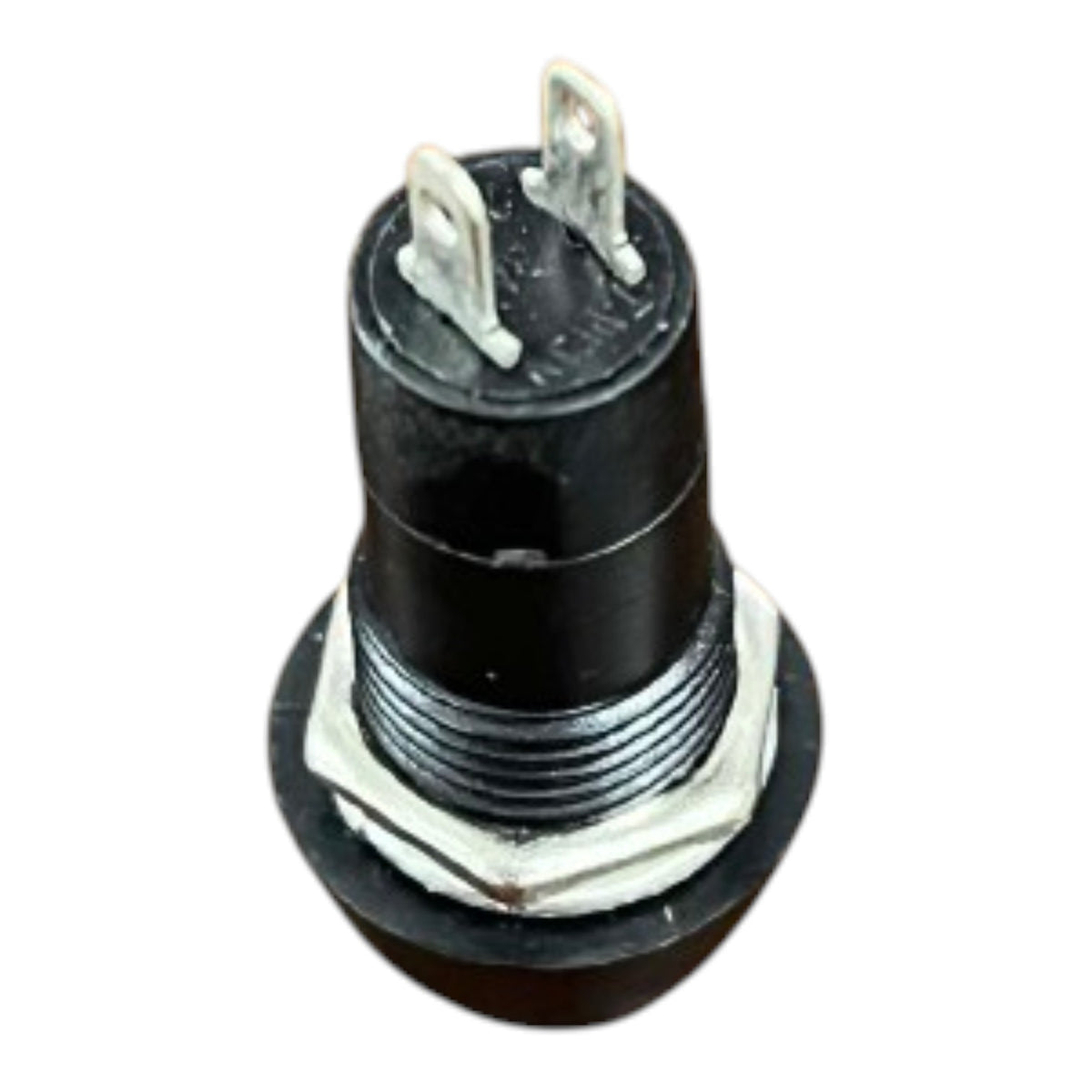 A black plastic electrical push-button switch with two silver metal terminal posts and a threaded silver metal base, isolated on a white background.