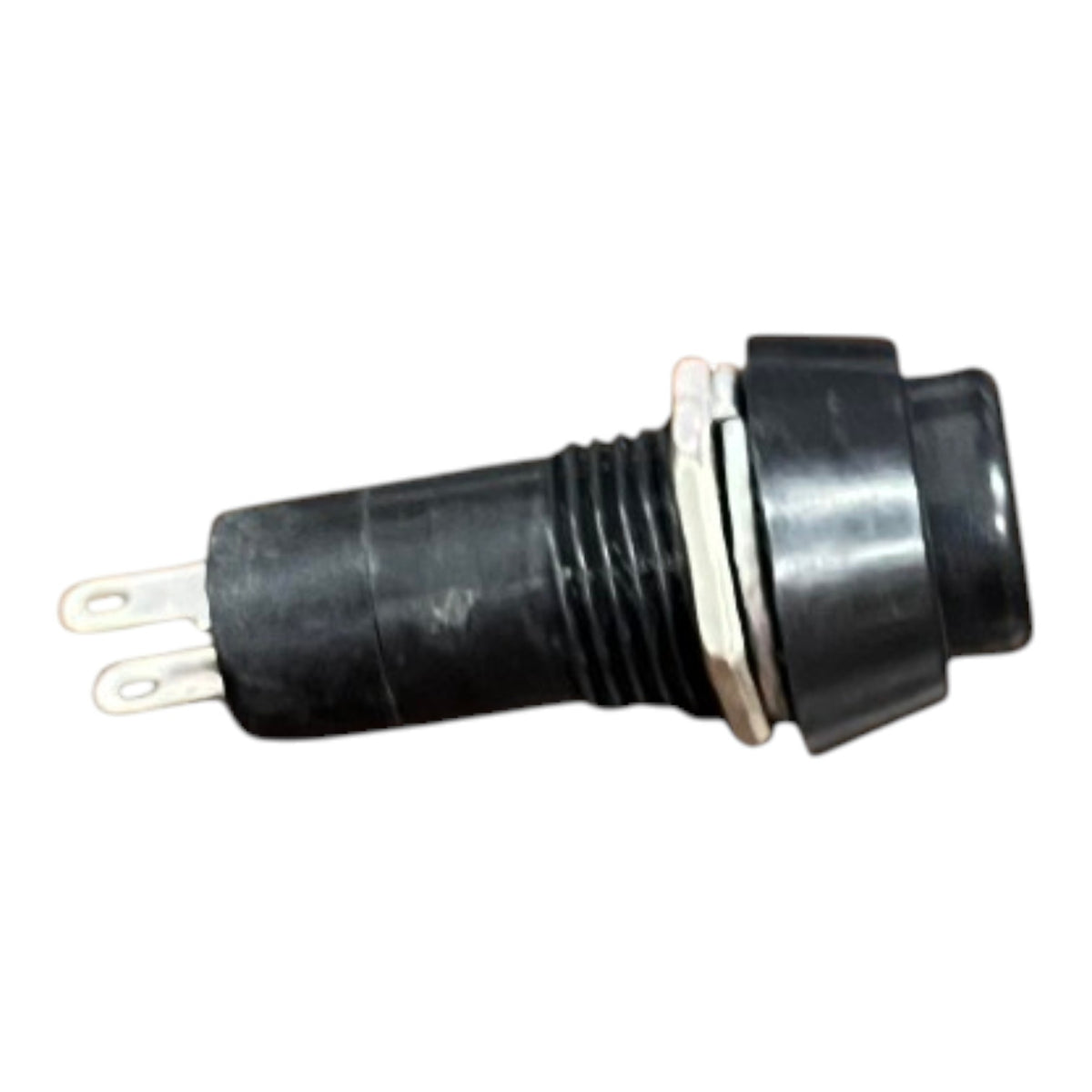 A black plastic electrical push-in connector with two silver metal pins, isolated on a white background.