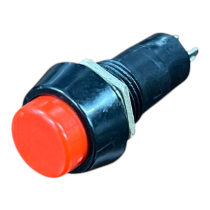 A small industrial push-button switch with a bright red circular button and a black plastic housing, shown on a plain white background.