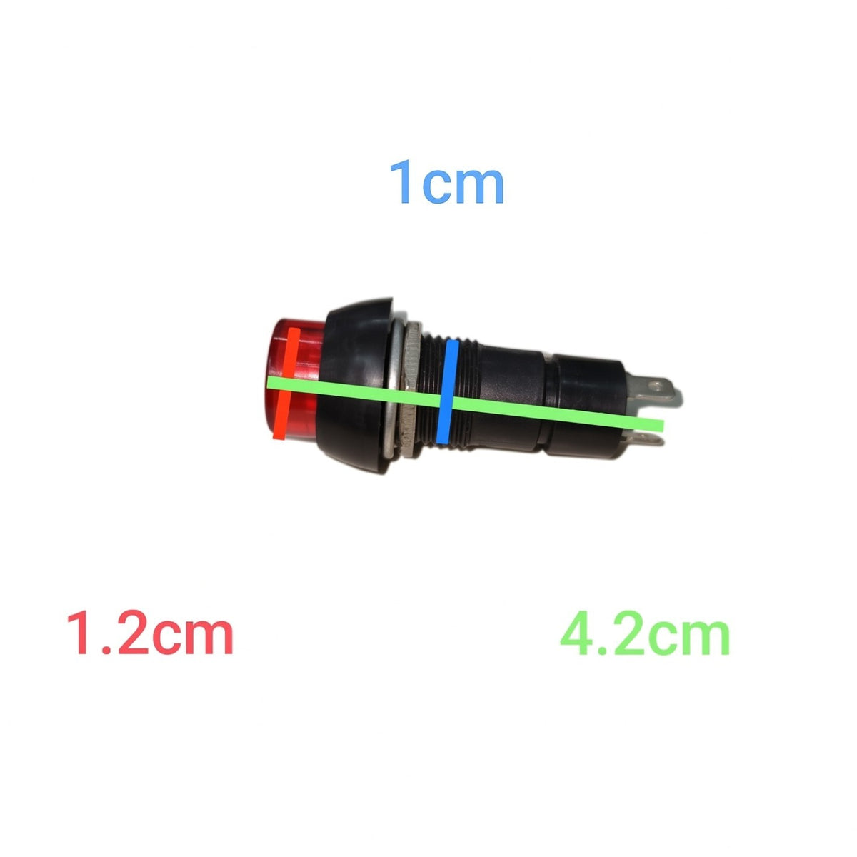 A small black electrical push-button or terminal component with a red translucent top and blue accent ring, shown on a white background with overlaid dimension labels reading 1cm, 1.2cm, and 4.
