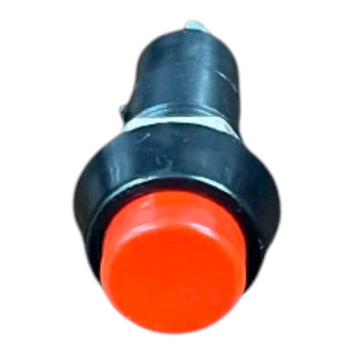 A black industrial push-button with a bright orange-red round front cover, isolated on a white background.