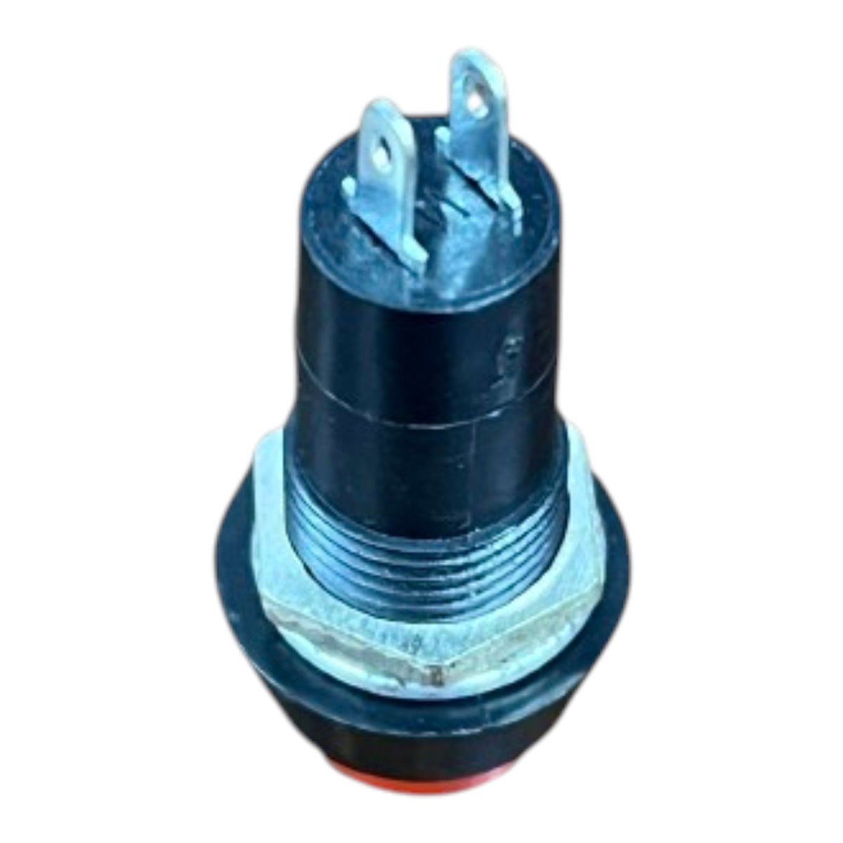 A black plastic push-button switch with two metal terminal posts on top, a threaded metal base, and a small red accent ring at the bottom, isolated on a white background.