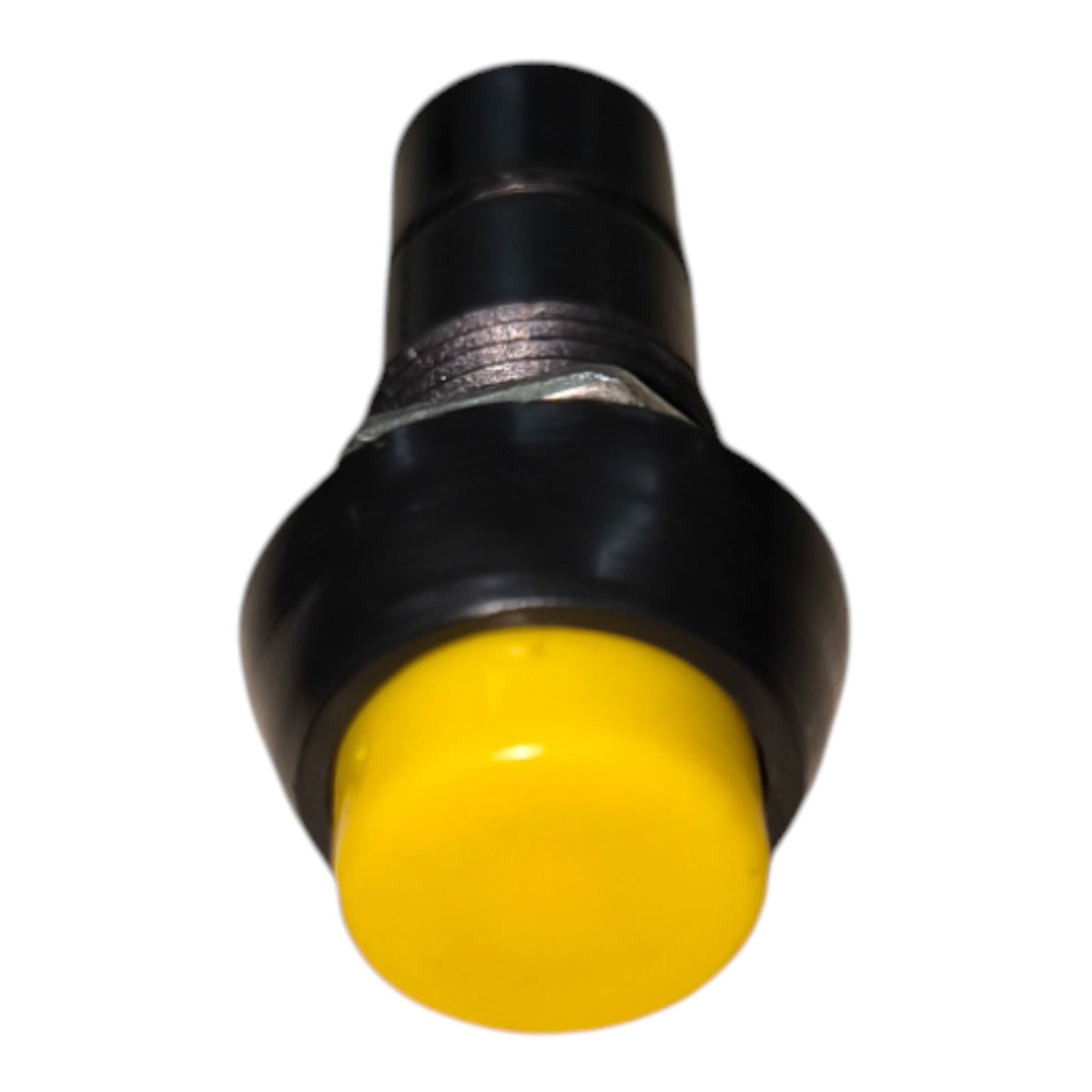 A round industrial push-button with a bright yellow face and a black housing, shown against a plain white background.