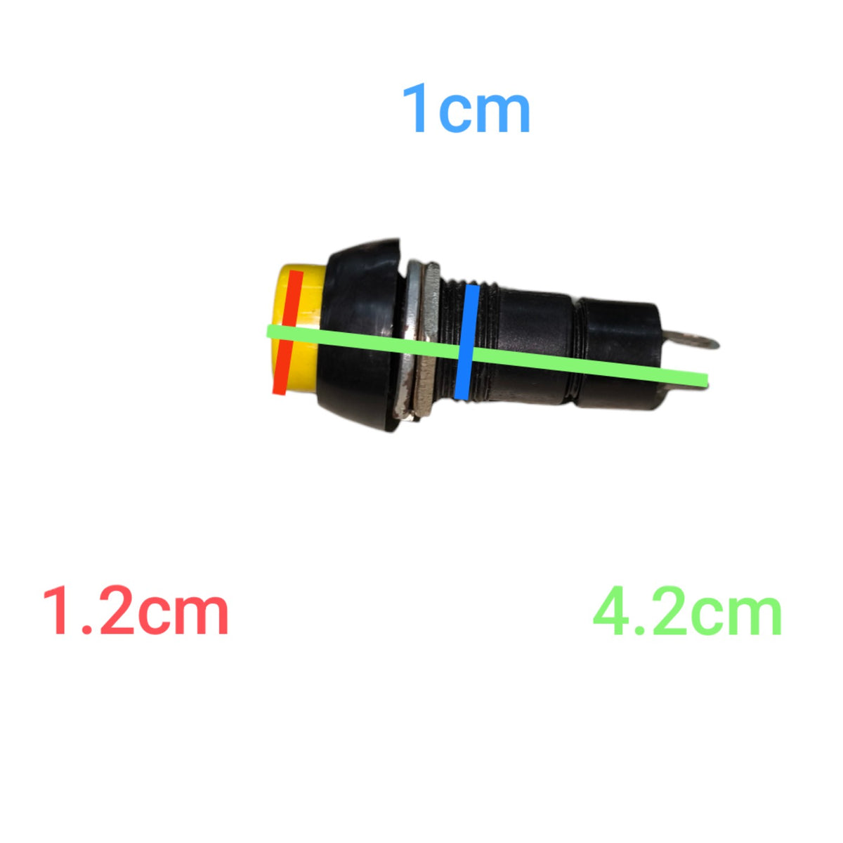 A small black cylindrical electrical push-button or connector with a red and yellow top, shown on a white background with measurement labels and lines indicating 1cm width, 1.2cm height, and 4.