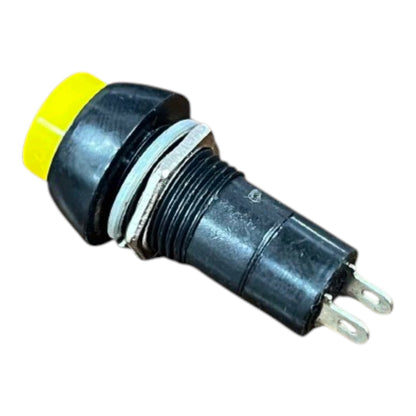 A black industrial push-button switch with a bright yellow top cap and two silver metal terminal leads, shown on a plain white background.