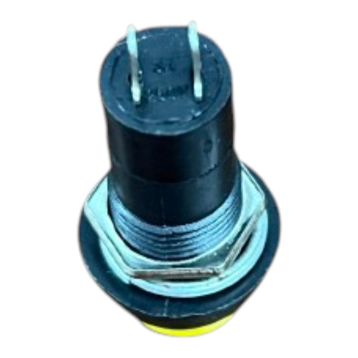 A small cylindrical black electrical component with two metal pins on top, a threaded metal base, a silver hex nut, and a yellow ring near the bottom, isolated on a white background.