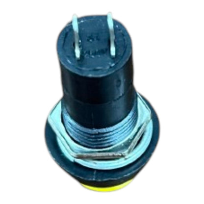A small cylindrical black electrical component with two metal pins on top, a threaded metal base, a silver hex nut, and a yellow ring near the bottom, isolated on a white background.