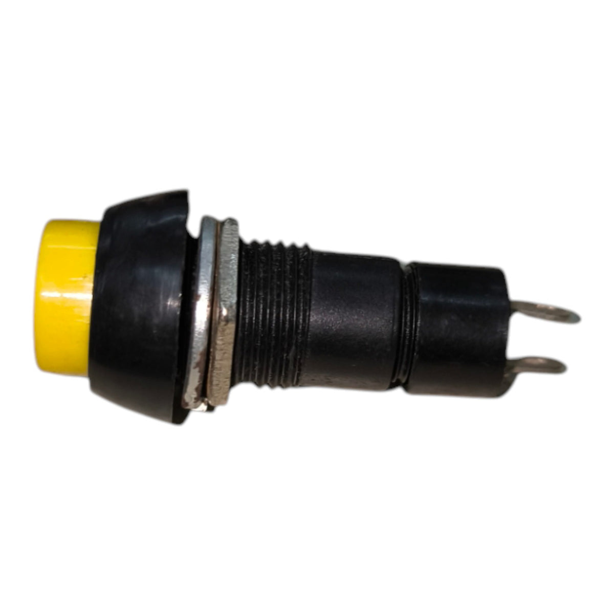 A black electrical push-button socket with a yellow button head and a silver metal ring, shown against a plain white background.
