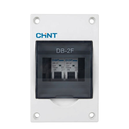 CHNT DB-2F electrical circuit breaker with a white mounting plate and a dark gray front cover, shown on a plain white background.