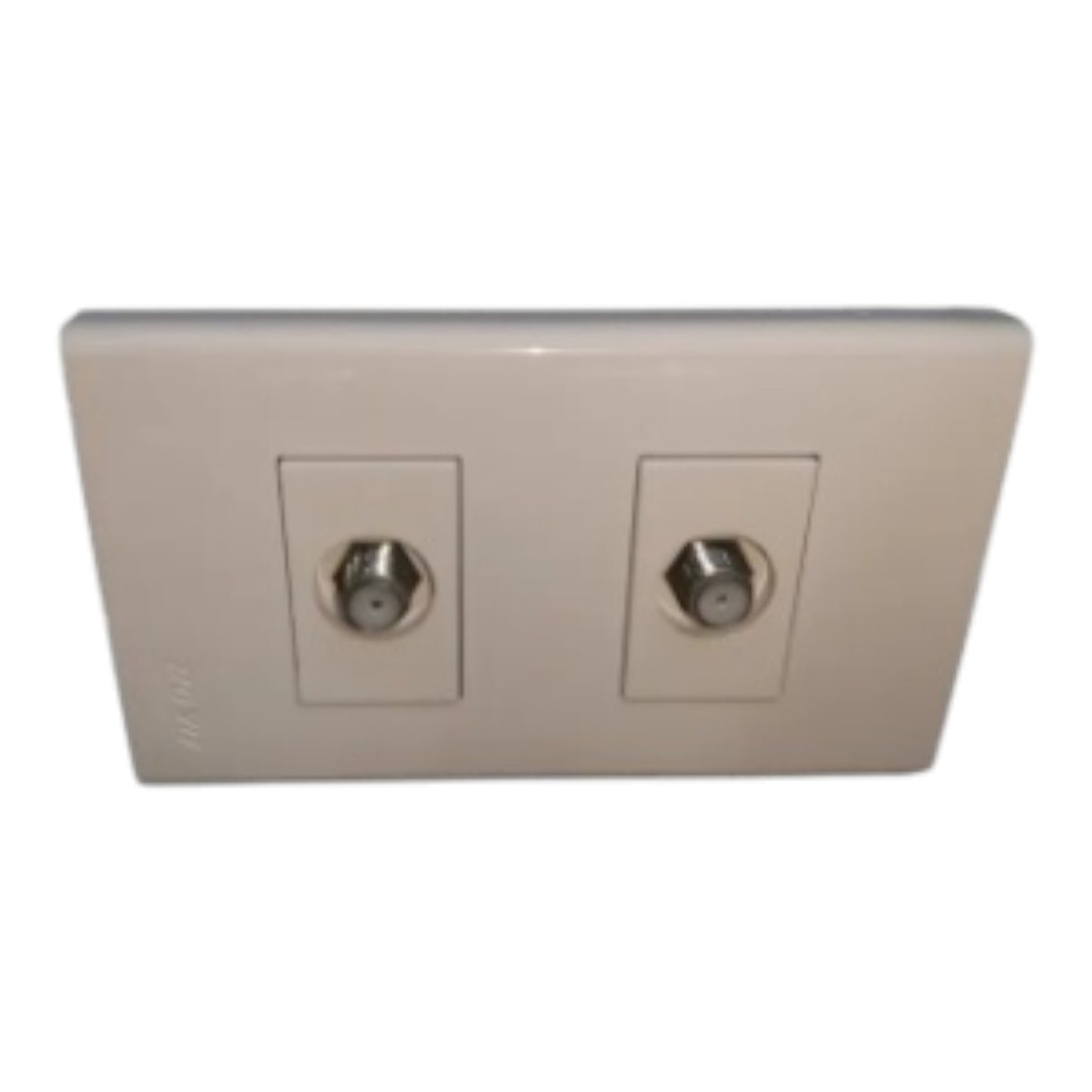 A dual coaxial cable input wall plate with two silver RF connectors set in a beige plastic faceplate, shown against a plain white background.