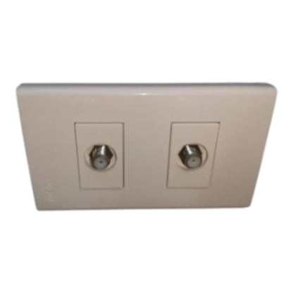 A dual coaxial cable input wall plate with two silver RF connectors set in a beige plastic faceplate, shown against a plain white background.