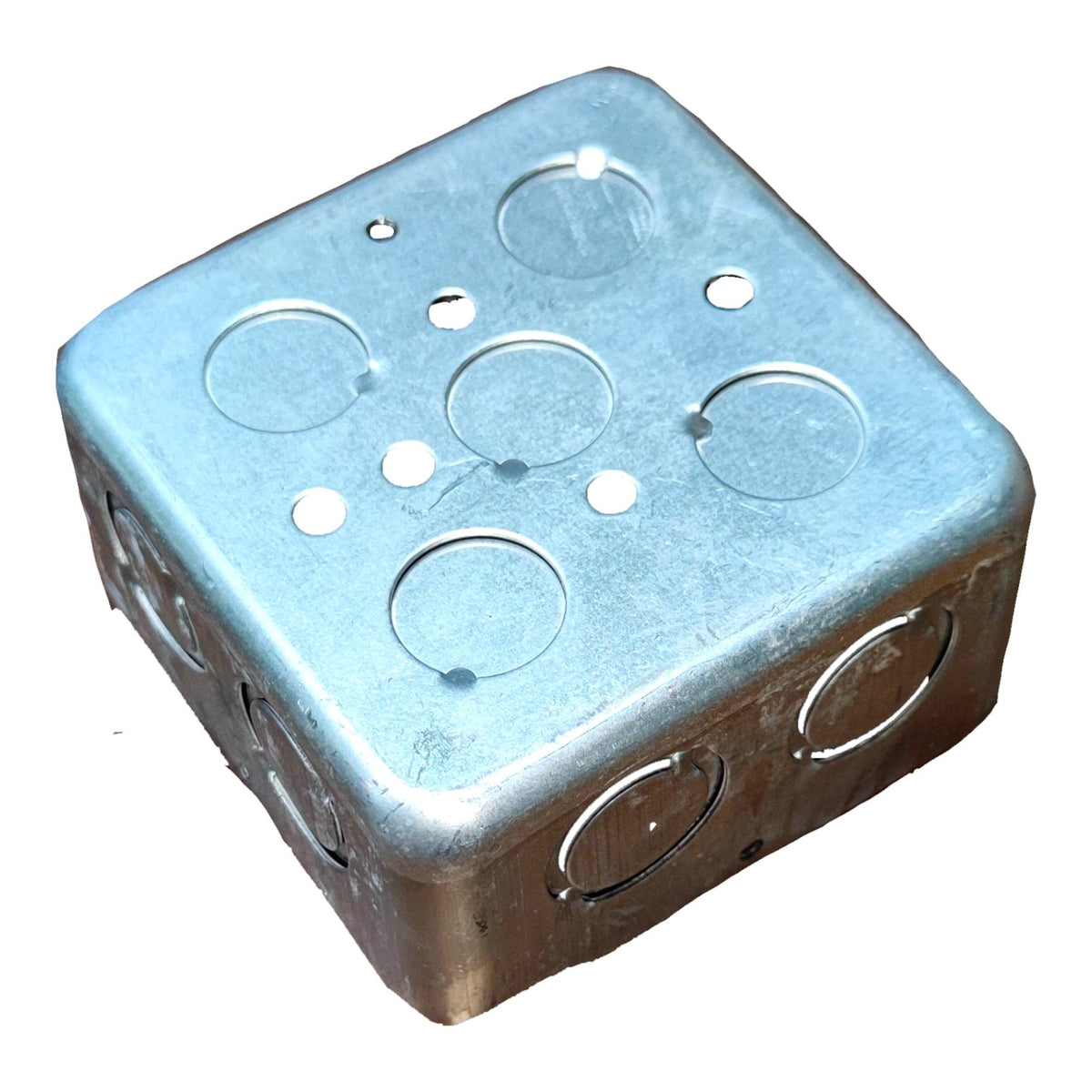 A square metal electrical junction box with pre-drilled circular terminal holes on the top and sides, shown on a plain white background.