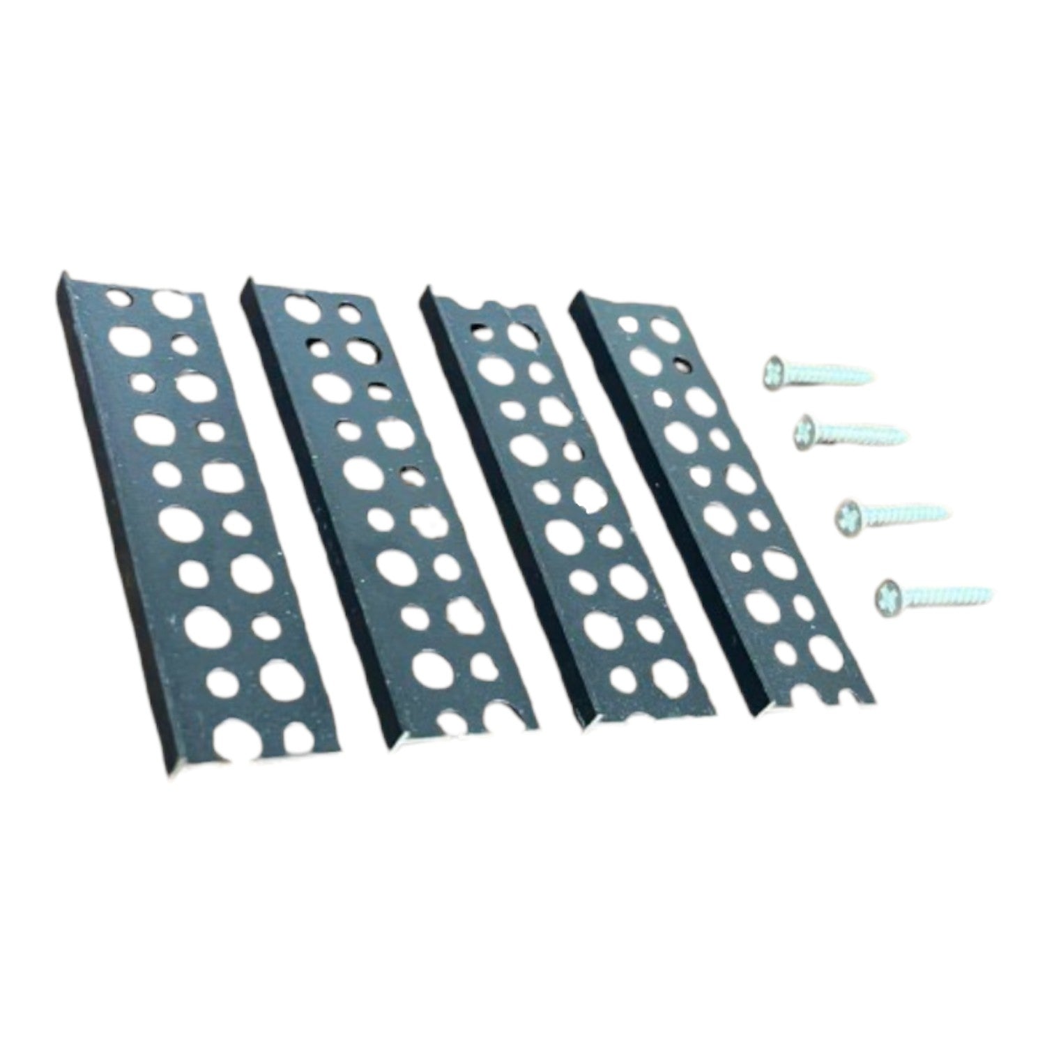 Four dark gray metal mounting brackets with circular cutouts, shown with four silver screws on a plain white background.