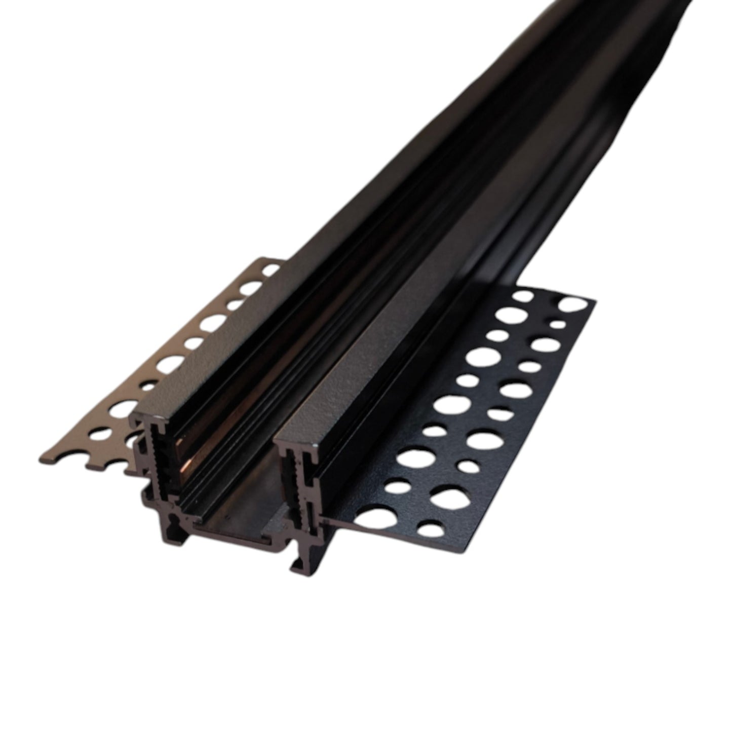 Black metal track profile with mounting brackets, shown on a plain white background.