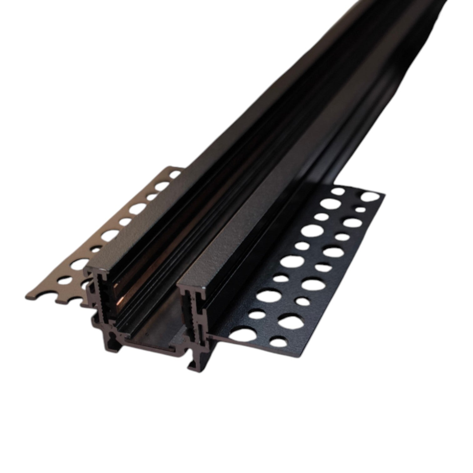 Black metal track profile with mounting brackets, shown on a plain white background.