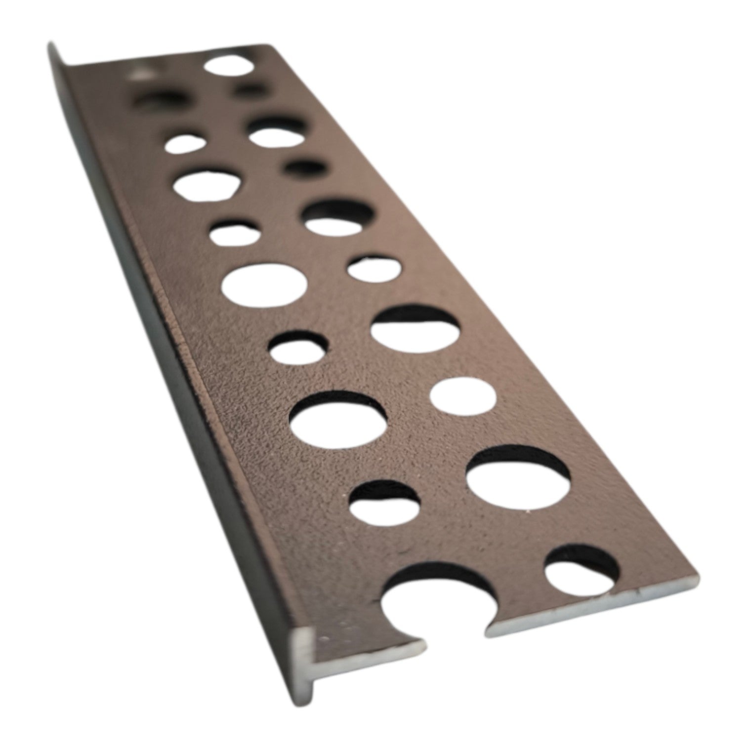 A dark brown metal channel strip with multiple circular cutouts, shown on a plain white background.