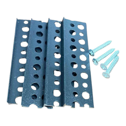 Four dark blue-gray metal mounting brackets with circular cutouts, shown with four matching screws on a plain white background.