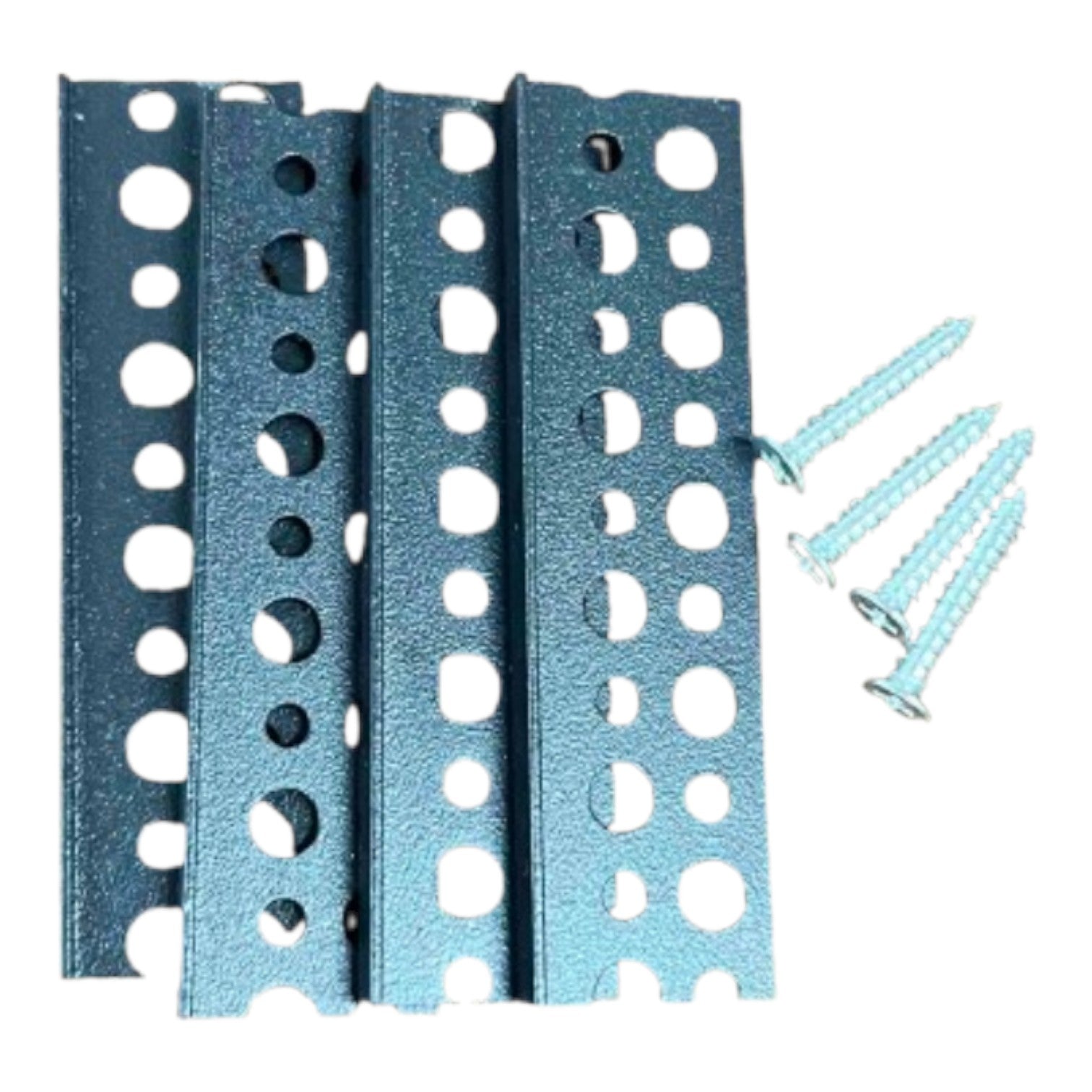 Four blue-gray metal mounting brackets with multiple circular holes, shown with four matching silver screws on a plain white background.