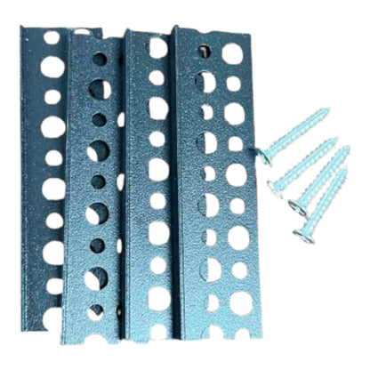 Four blue-gray metal mounting brackets with multiple circular holes, shown with four matching silver screws on a plain white background.