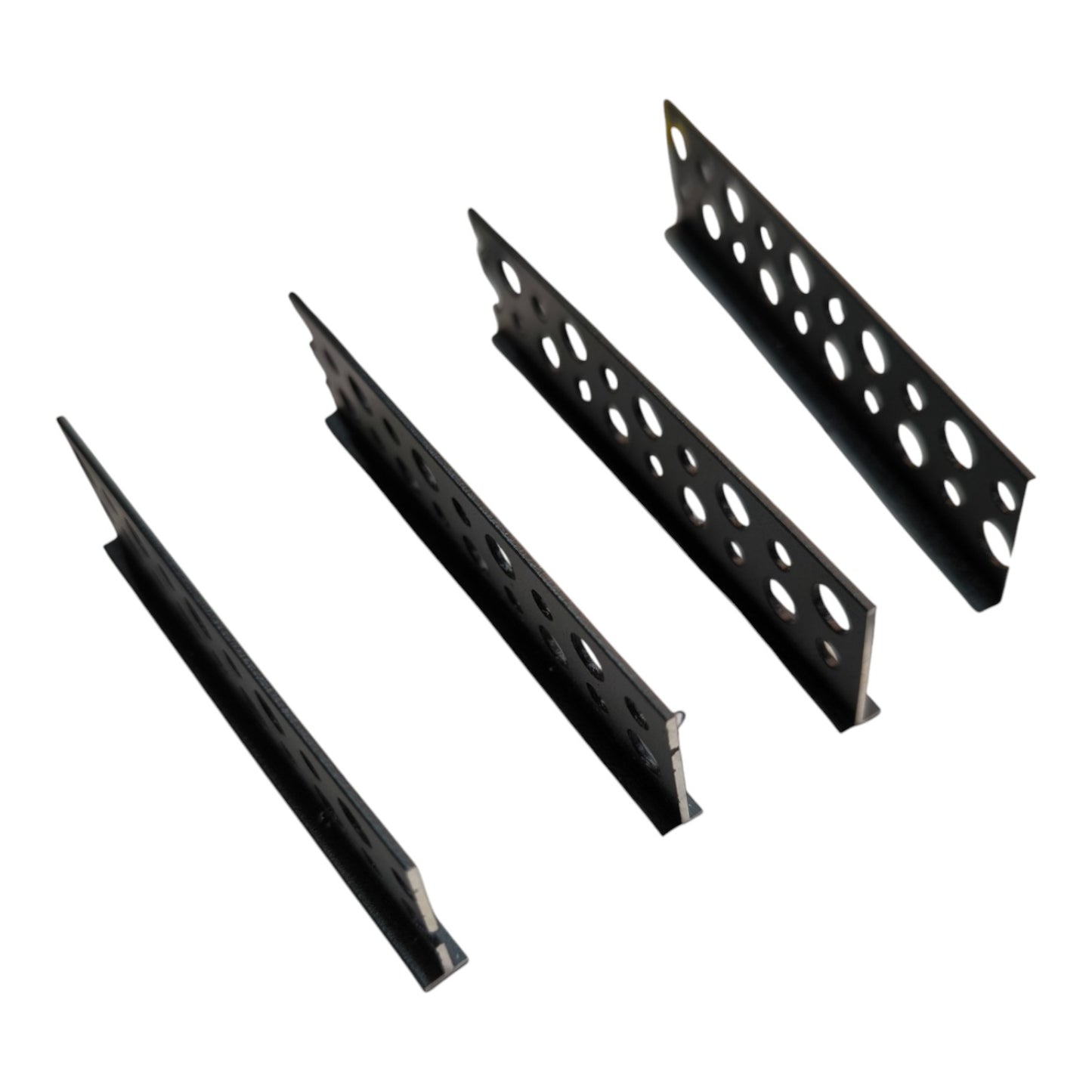 Four black metal mounting brackets with circular cutouts, arranged diagonally on a plain white background.