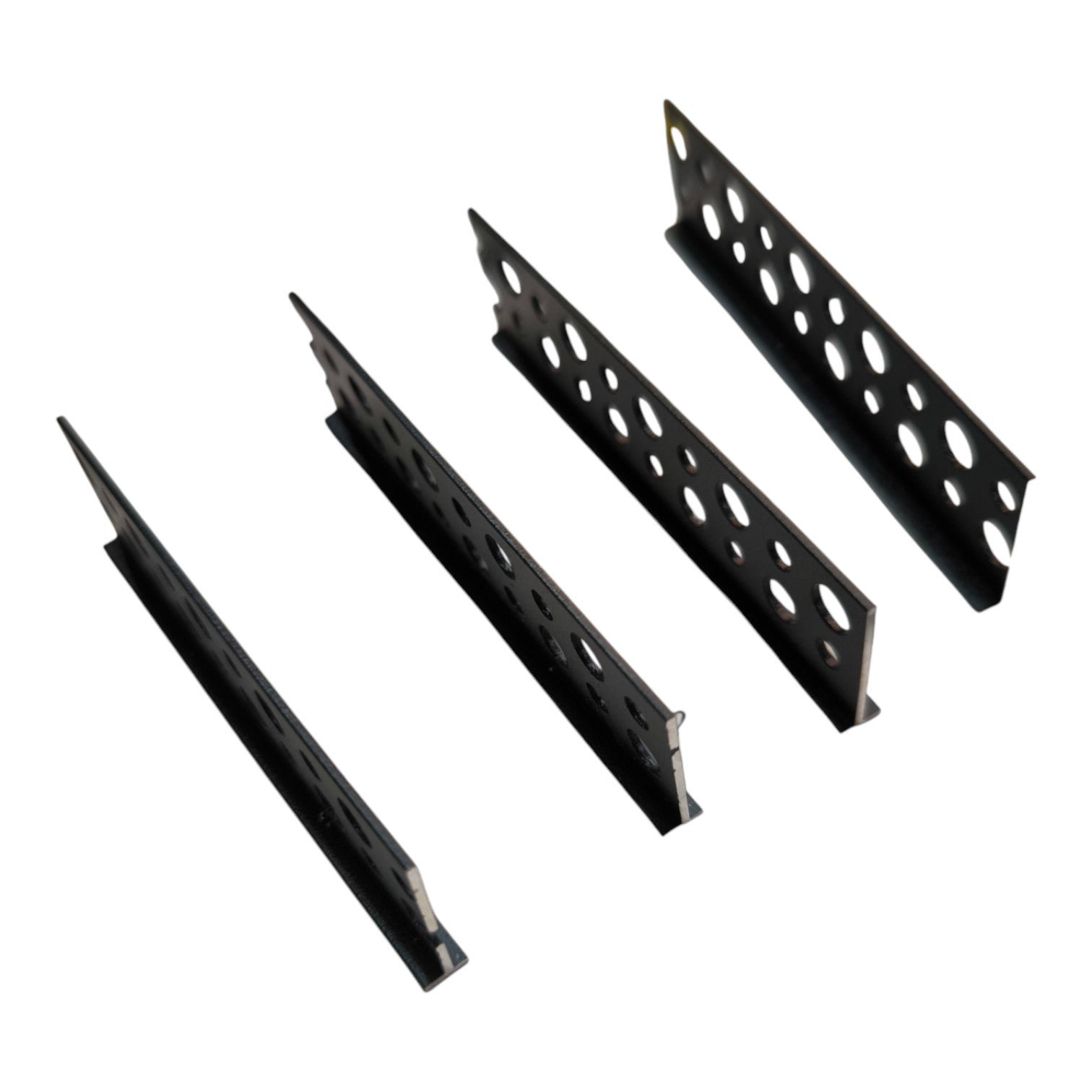Four black metal mounting brackets with circular cutouts, arranged diagonally on a plain white background.