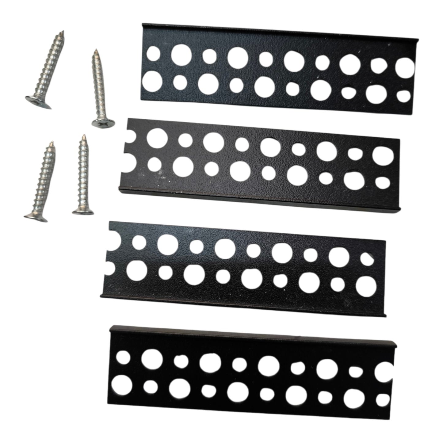 Four black metal mounting brackets with circular cutouts and four silver screws, shown on a plain white background.