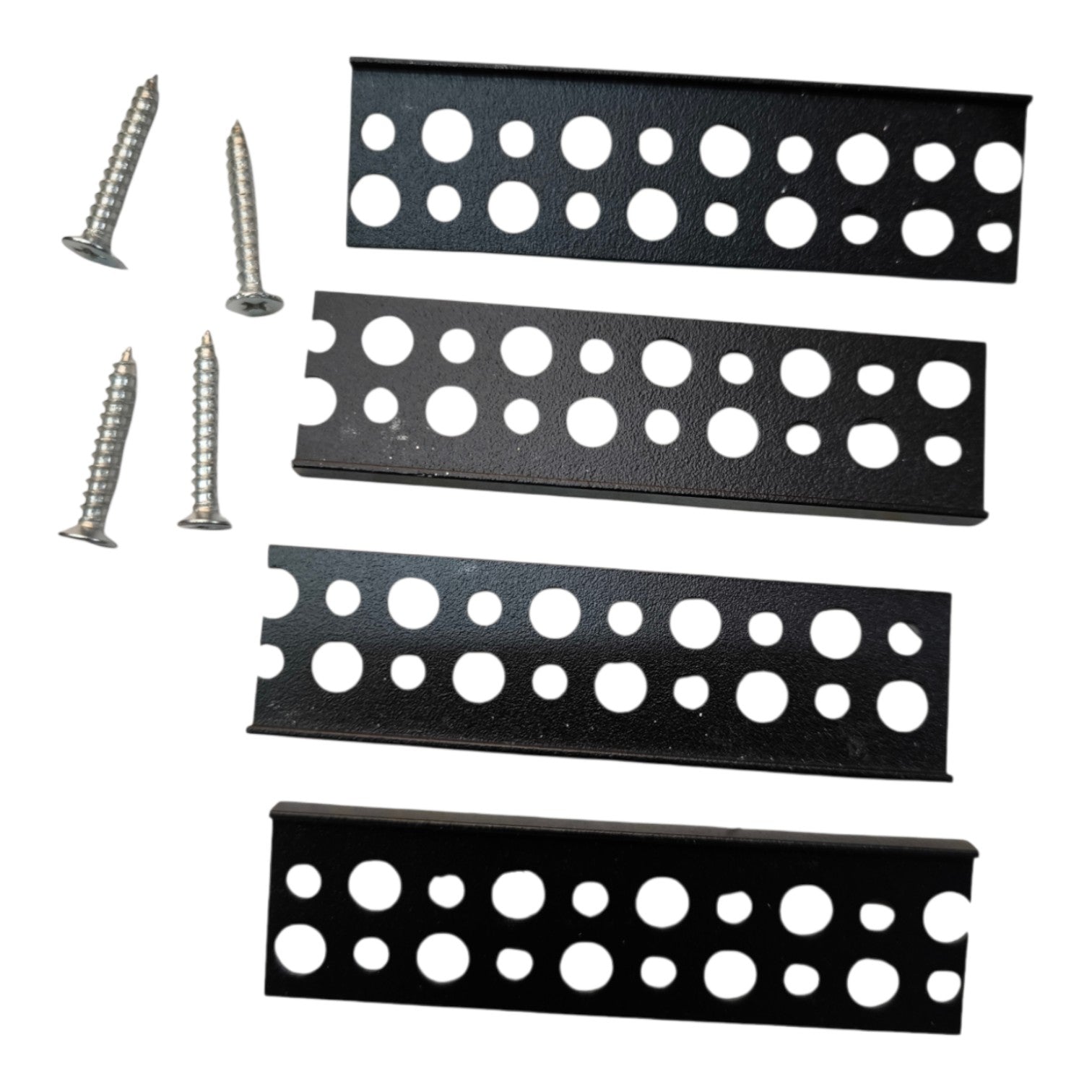 Four black metal mounting brackets with circular cutouts and four silver screws, shown on a plain white background.