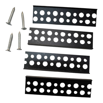 Four black metal mounting brackets with circular cutouts and four silver screws, shown on a plain white background.